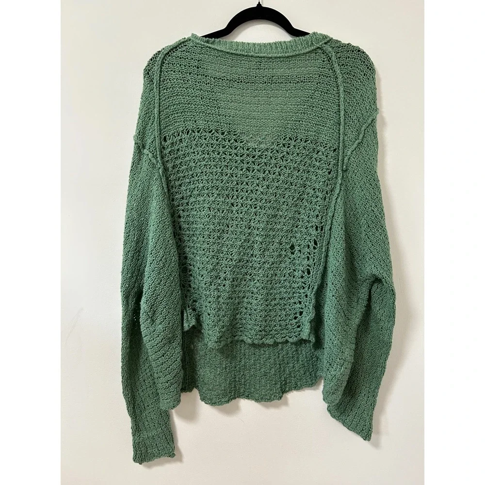 Free People Laguna Coast Womens Sage Green Open V-Neck Oversized Sweater‎ Sz M
